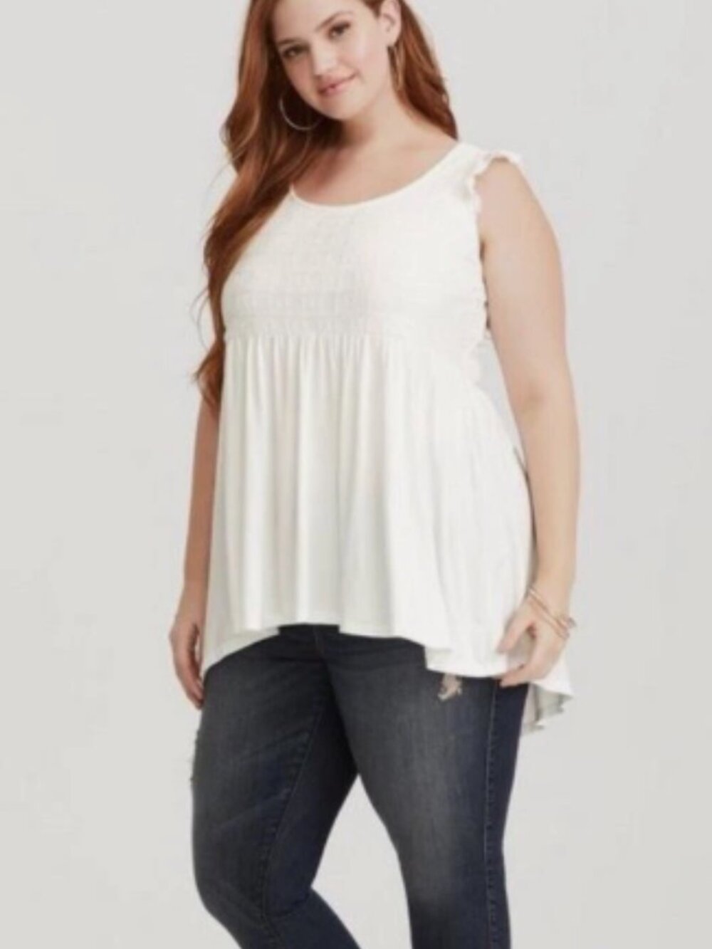 torrid White Sleeveless Smocked Yoke Swing Tank
